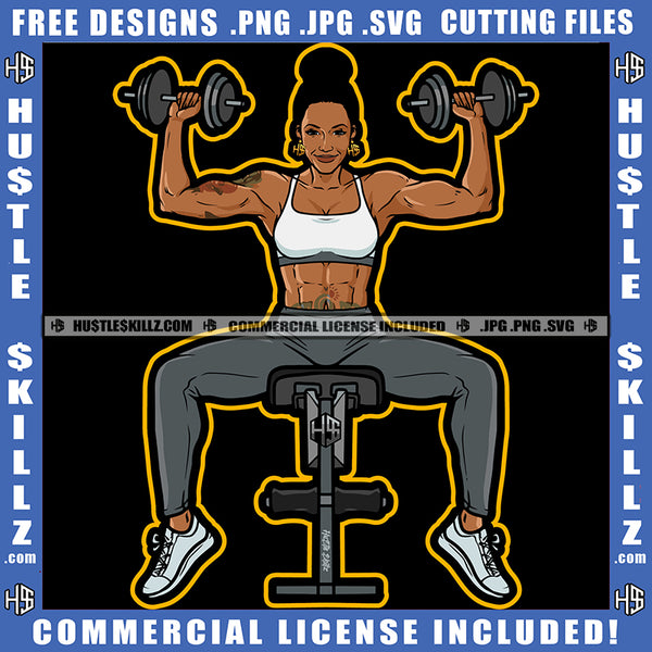 Melanin Fitness Woman Curvy And Sexy Figure Lift Dumbbells' Workout Gym Arms Exercise Tattoos Earing Graphic Grind Logo Hustle Skillz SVG PNG JPG Vector Cut Files Silhouette Cricut