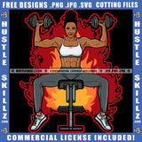 Melanin Fitness Woman Sexy Slim Figure Lift Dumbbells' Workout Gym Arms Exercise Fire Graphic Grind Logo Hustle Skillz SVG PNG JPG Vector Cut Files Silhouette Cricut