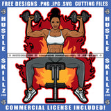 Melanin Fitness Woman Sexy Slim Figure Lift Dumbbells' Workout Gym Arms Exercise Fire Graphic Grind Logo Hustle Skillz SVG PNG JPG Vector Cut Files Silhouette Cricut