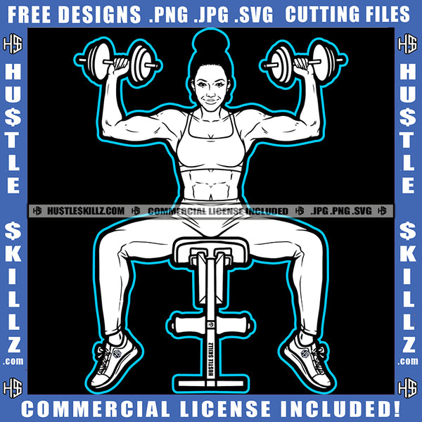 Fitness Woman Black And White Design Curvy Sexy Slim Figure Lift Dumbbells' Workout Gym Arms Exercise Graphic Logo Hustle Skillz SVG PNG JPG Vector Cut Files Silhouette Cricut