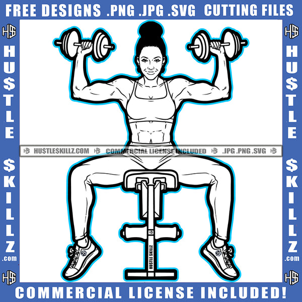 Fitness Woman Black And White Design Curvy Sexy Slim Figure Lift Dumbbells' Workout Gym Arms Exercise Graphic Logo Hustle Skillz SVG PNG JPG Vector Cut Files Silhouette Cricut