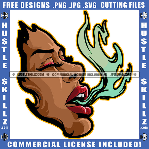 Melanin Woman Half Face Closing Eyes Blowing Flames Fire Heat Energy Hot Graphic Grind Logo Hustle Skillz SVG PNG JPG Vector Cut Files Silhouette Cricut