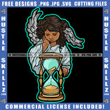 Little Angel Girl Clock Sand Time Child Children Kids Feather Wings Logo Hustle Skillz SVG PNG JPG Vector Cut Files Silhouette Cricut