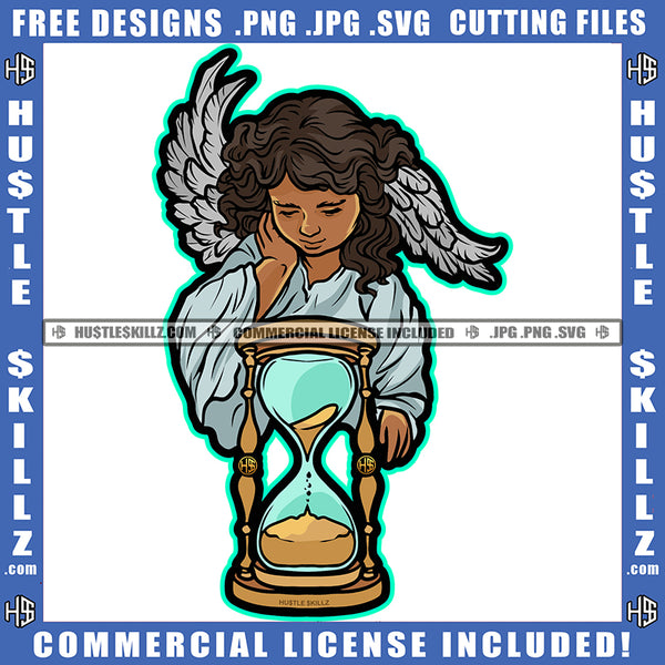 Little Angel Girl Clock Sand Time Child Children Kids Feather Wings Logo Hustle Skillz SVG PNG JPG Vector Cut Files Silhouette Cricut