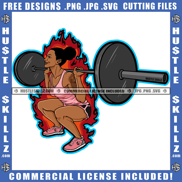 Fitness Melanin Woman Fit Slim Figure Lift Weights Dumbbells' Workout Gym Exercise Graphic Grind Fire Logo Hustle Skillz SVG PNG JPG Vector Cut Files Silhouette Cricut