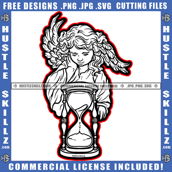 Little Angel Girl Clock Sand Time Wings Fantasy Peace Child Black And White Design Children Kids Hustle Skillz SVG PNG JPG Vector Cut Files Silhouette Cricut