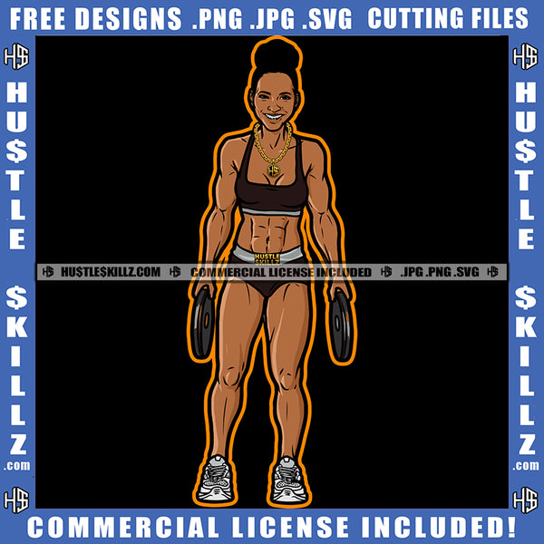 Nubian Women Body Builders Workout Exercise Gold Chain Hold Dumbbell Slim Figure Logo Hustle Skillz SVG PNG JPG Vector Cut Files Silhouette Cricut