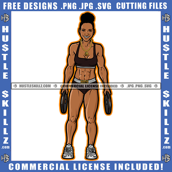 Nubian Women Body Builders Workout Exercise Gold Chain Hold Dumbbell Slim Figure Logo Hustle Skillz SVG PNG JPG Vector Cut Files Silhouette Cricut