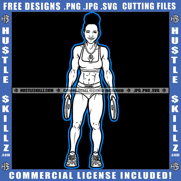 Nubian Women Smile Face Black And White Design Body Builders Workout Exercise Gold Chain Hold Dumbbell Fit Figure Logo Hustle Skillz SVG PNG JPG Vector Cut Files Silhouette Cricut