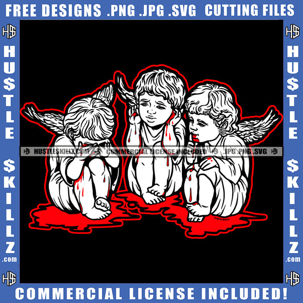 Angel See No Evil Hear No Evil Speak No Evil Black And White Design Blood Bleeding Illustration Logo Hustle Skillz SVG PNG JPG Vector Cut Files Silhouette Cricut