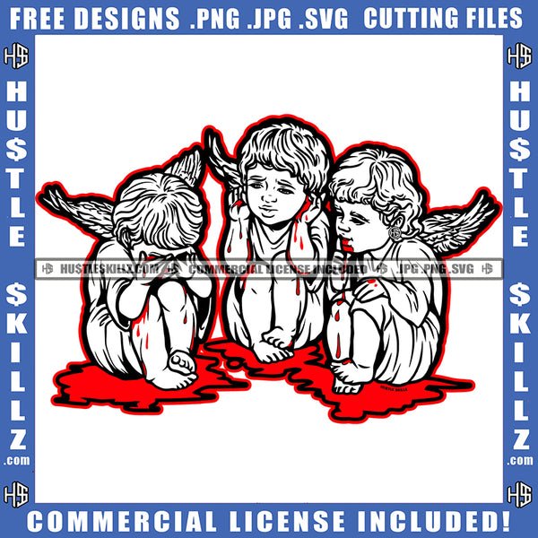 Angel See No Evil Hear No Evil Speak No Evil Black And White Design Blood Bleeding Illustration Logo Hustle Skillz SVG PNG JPG Vector Cut Files Silhouette Cricut