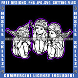 Angel See No Evil Hear No Evil Speak No Evil Black And White Design Illustration Logo Hustle Skillz SVG PNG JPG Vector Cut Files Silhouette Cricut