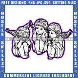 Angel See No Evil Hear No Evil Speak No Evil Black And White Design Illustration Logo Hustle Skillz SVG PNG JPG Vector Cut Files Silhouette Cricut