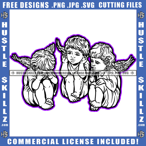 Angel See No Evil Hear No Evil Speak No Evil Black And White Design Illustration Logo Hustle Skillz SVG PNG JPG Vector Cut Files Silhouette Cricut