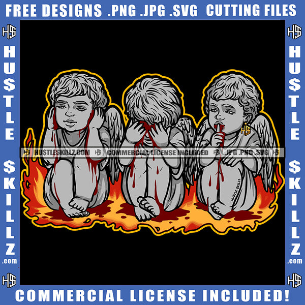 Angel See No Evil Hear No Evil Speak No Evil Gray Color Fire Blood Bleeding Design Illustration Logo Hustle Skillz SVG PNG JPG Vector Cut Files Silhouette Cricut