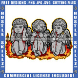 Angel See No Evil Hear No Evil Speak No Evil Gray Color Fire Blood Bleeding Design Illustration Logo Hustle Skillz SVG PNG JPG Vector Cut Files Silhouette Cricut