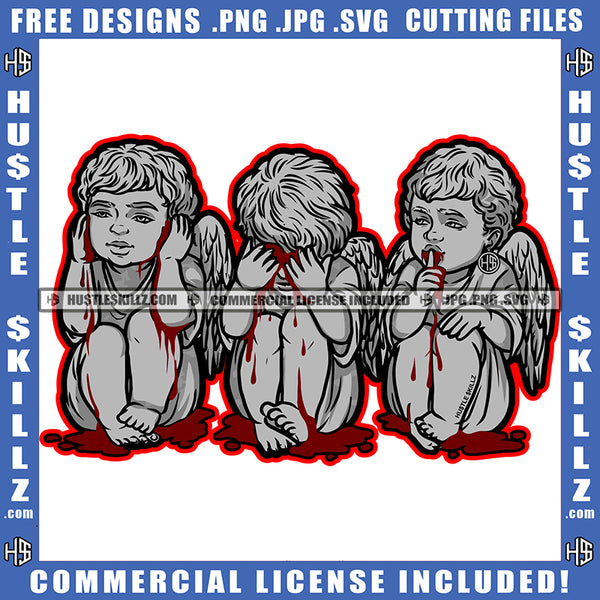 Angel See No Evil Hear No Evil Speak No Evil Gray Color Blood Bleeding Design Earing Illustration Logo Hustle Skillz SVG PNG JPG Vector Cut Files Silhouette Cricut