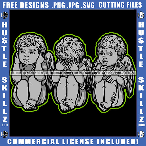 Angel See No Evil Hear No Evil Speak No Evil Gray Color Design Earing Illustration Logo Hustle Skillz SVG PNG JPG Vector Cut Files Silhouette Cricut