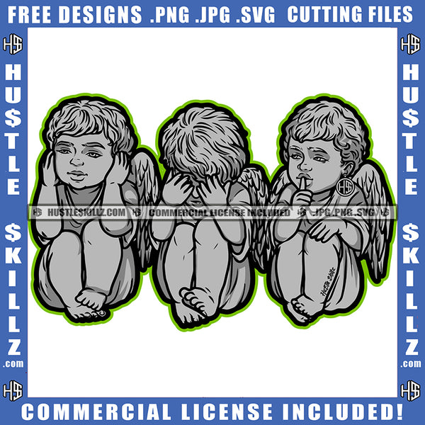 Angel See No Evil Hear No Evil Speak No Evil Gray Color Design Earing Illustration Logo Hustle Skillz SVG PNG JPG Vector Cut Files Silhouette Cricut