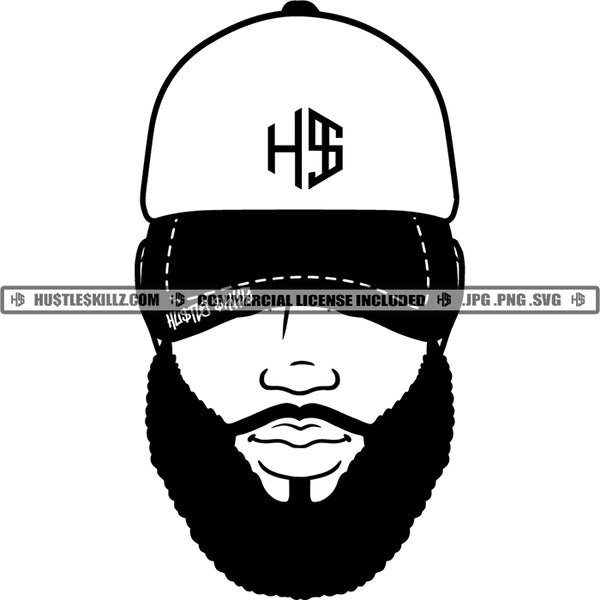 Black Bearded Man Baseball Hat Black and White Designs Logo Designs Elements Hustle Skillz SVG PNG JPG Vector Cutting Files Silhouette Cricut