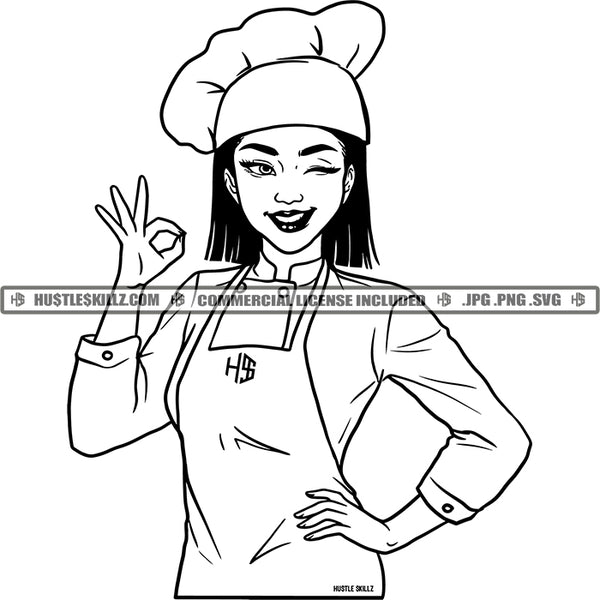 Asian Chef Woman Winkey Eyes Black and White Designs Logo Designs Elements Hustle Skillz SVG PNG JPG Vector Cutting Files Silhouette Cricut