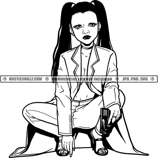 Asian Gangster Woman Carrying Hand Gun Black and White Designs Logo Designs Elements Hustle Skillz SVG PNG JPG Vector Cutting Files Silhouette Cricut