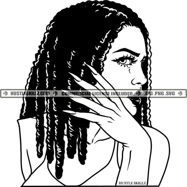 Woman Long Nails Curly Hair Black And White Designs Hustle Skillz SVG PNG JPG Vector Cutting Files Silhouette Cricut