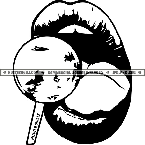 Lollipop Sexy Lips Mouth Black And White Designs Hustle Skillz SVG PNG JPG Vector Cutting Files Silhouette Cricut