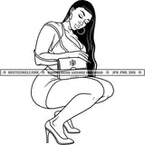 Sexy Curvy Woman Squatting Purse Long Hair Black And White Designs Hustle Skillz SVG PNG JPG Vector Cutting Files Silhouette Cricut