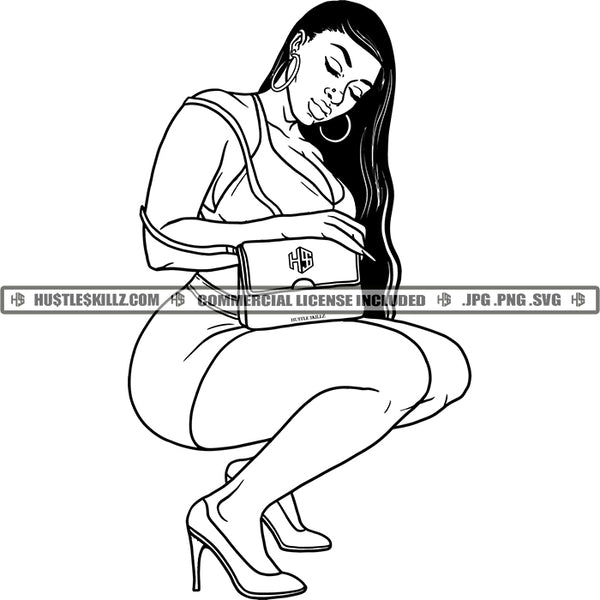 Sexy Curvy Woman Squatting Purse Long Hair Black And White Designs Hustle Skillz SVG PNG JPG Vector Cutting Files Silhouette Cricut