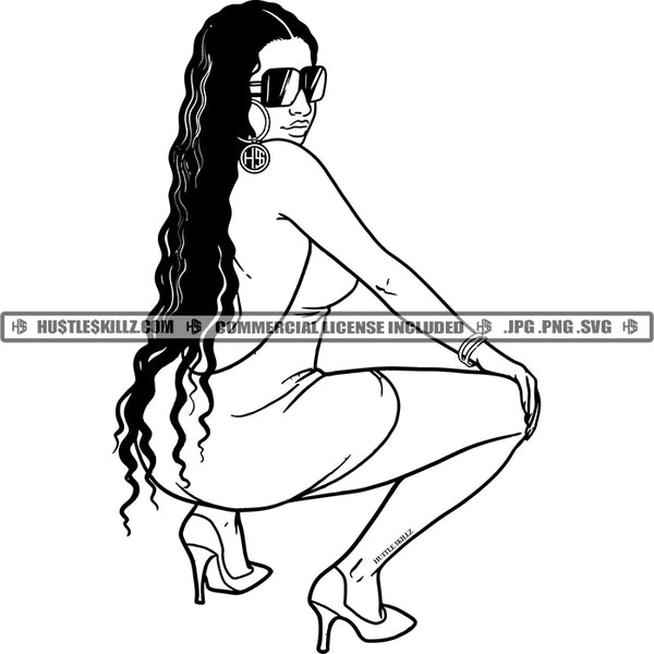 Sexy Woman Sunglasses Squatting Twerking Curly Lolng Hair Black And White Designs Hustle Skillz SVG PNG JPG Vector Cutting Files Silhouette Cricut