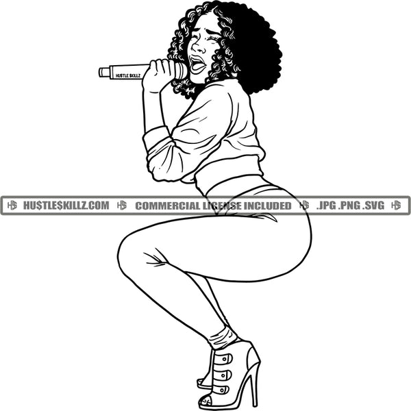 Singer Melanin Woman Microphone Black And White Designs Hustle Skillz SVG PNG JPG Vector Cutting Files Silhouette Cricut