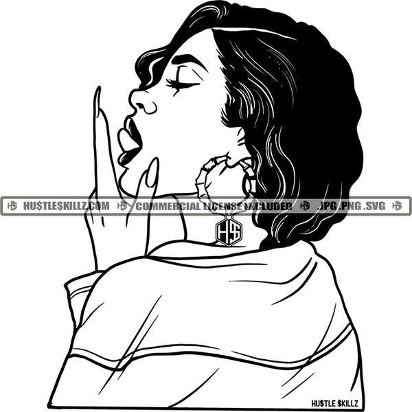 Sexy Woman Licking Finger Short Hair Black And White Designs Hustle Skillz SVG PNG JPG Vector Cutting Files Silhouette Cricut