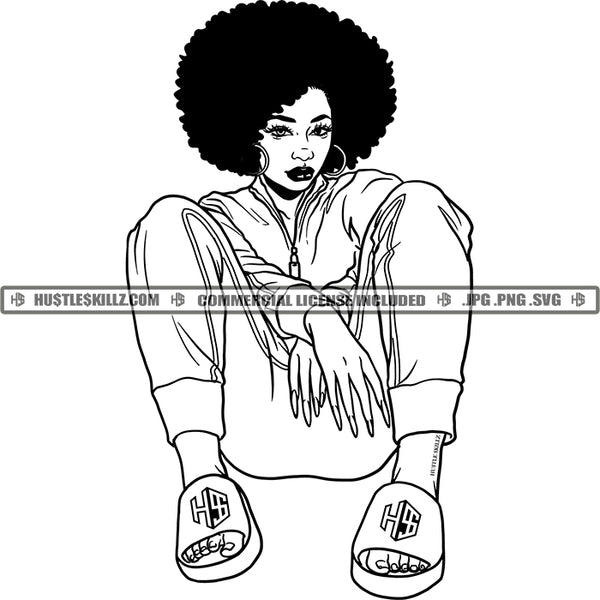 Afro Woman Kinky Hair Sandals Flipflops Black And White Designs Hustle Skillz SVG PNG JPG Vector Cutting Files Silhouette Cricut