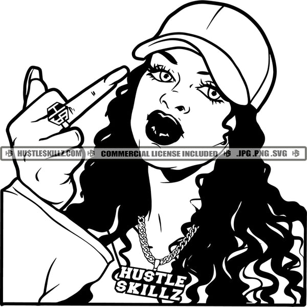 Woman Middle Finger Baseball Hat Ghetto Street Girl Black And White Designs Hustle Skillz SVG PNG JPG Vector Cutting Files Silhouette Cricut