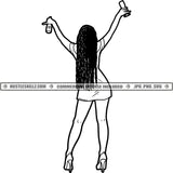 Woman Celebrating Drink Glass Wine Happiness Bottle Long Hair Black And White Designs Hustle Skillz SVG PNG JPG Vector Cutting Files Silhouette Cricut