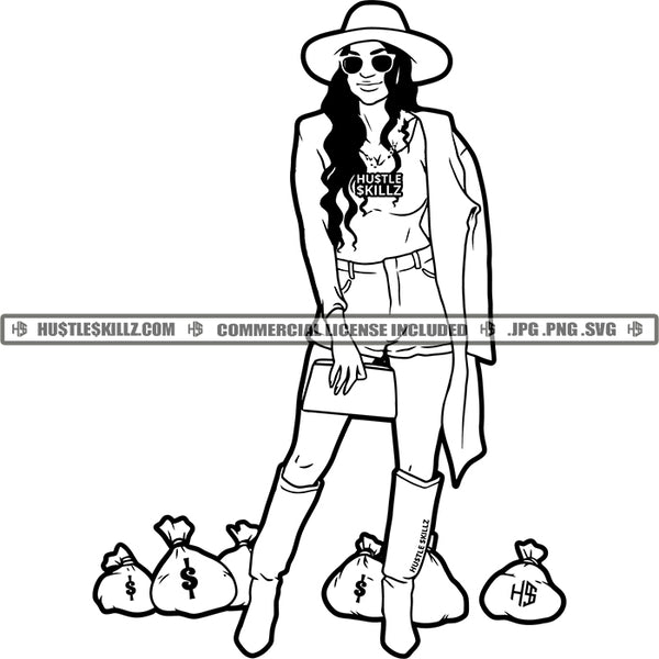 Wealthy Woman Classy Money Bags Gangster Successful Lady Black And White Designs Hustle Skillz SVG PNG JPG Vector Cutting Files Silhouette Cricut