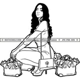 Woman Squatting Money Bags Wealthy Classy Lady Black And White Designs Hustle Skillz SVG PNG JPG Vector Cutting Files Silhouette Cricut