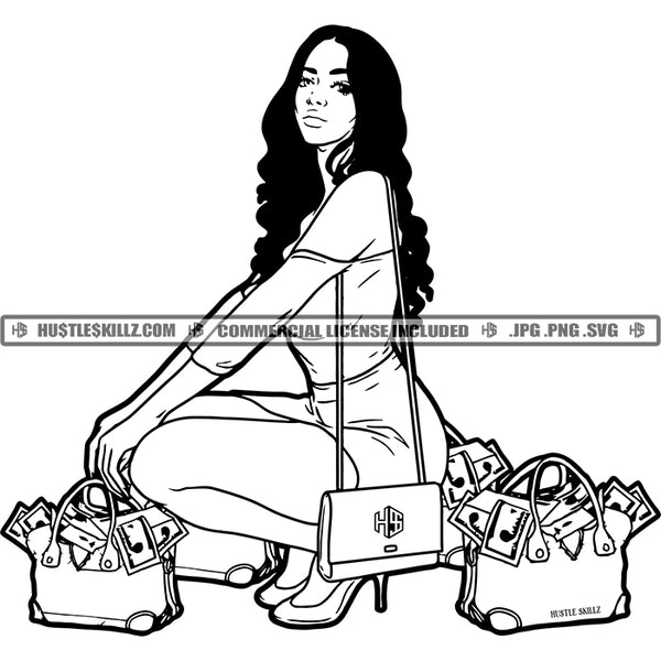 Woman Squatting Money Bags Wealthy Classy Lady Black And White Designs Hustle Skillz SVG PNG JPG Vector Cutting Files Silhouette Cricut