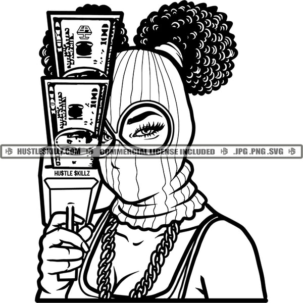 Woman Money Gun Ponytails Afro Puff Ski Mask Gangster Street Girl Black And White Designs Hustle Skillz SVG PNG JPG Vector Cutting Files Silhouette Cricut