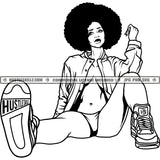 Afro Woman Sitting Floor Kinky Hair Sneakers Shoes Black And White Designs Hustle Skillz SVG PNG JPG Vector Cutting Files Silhouette Cricut