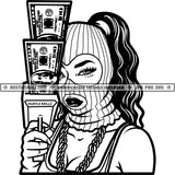 Woman Ponytails Ski Mask Money Gun Gangster Street Girl Ghetto Black And White Designs Hustle Skillz SVG PNG JPG Vector Cutting Files Silhouette Cricut