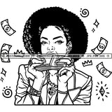 Afro Woman Biting Money Stack Bragging Kinky Hair Black And White Designs Hustle Skillz SVG PNG JPG Vector Cutting Files Silhouette Cricut