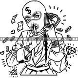 Gangster Woman Ski Mask Money Stack Hustler Grind Black And White Designs Hustle Skillz SVG PNG JPG Vector Cutting Files Silhouette Cricut