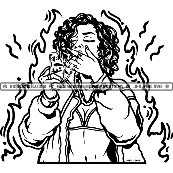 Money Make Woman Smoking Money Fire Lighter Flames Black And White Designs Hustle Skillz SVG PNG JPG Vector Cutting Files Silhouette Cricut