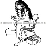 Woman Counting Money Business Lady Sitting Chair Box Black And White Designs Hustle Skillz SVG PNG JPG Vector Cutting Files Silhouette Cricut