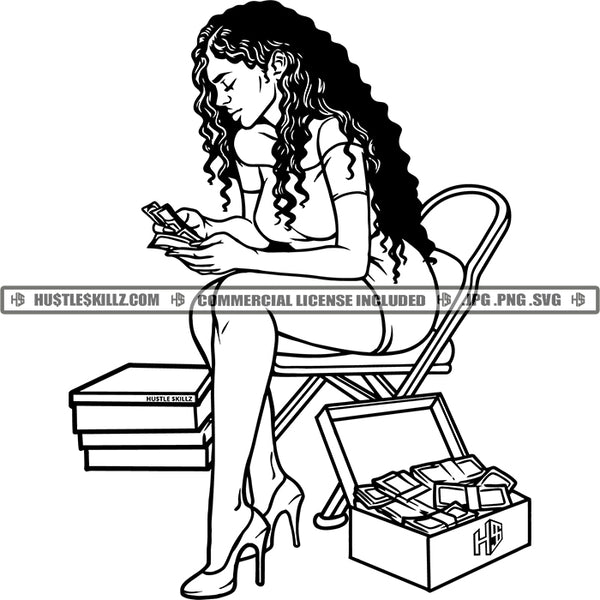 Woman Counting Money Business Lady Sitting Chair Box Black And White Designs Hustle Skillz SVG PNG JPG Vector Cutting Files Silhouette Cricut