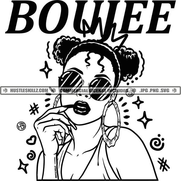 Boujee Melanin Woman Afro Puff Ponytails Black And White Designs Hustle Skillz SVG PNG JPG Vector Cutting Files Silhouette Cricut