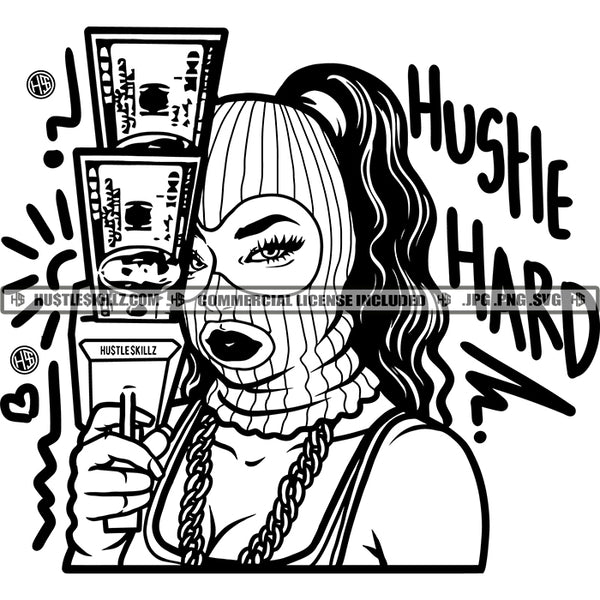 Hustle Hard Gangster Woman Money Gun Ski Mask Ponytail Hair Black And White Designs Hustle Skillz SVG PNG JPG Vector Cutting Files Silhouette Cricut