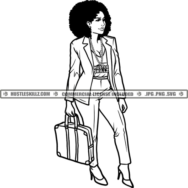 Classy Woman Boss Lady Elegant Outfit Afro hair Black and White Designs Logo Designs Elements Hustle Skillz SVG PNG JPG Vector Cutting Files Silhouette Cricut